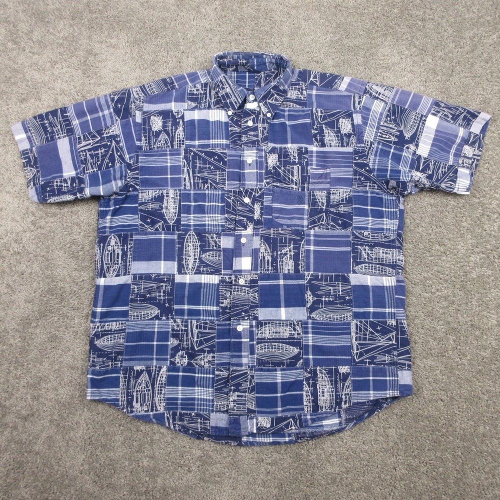 Vintage Nautica Shirt Mens‎ Large Blue Patchwork Graphic Print Sailing Button Up
